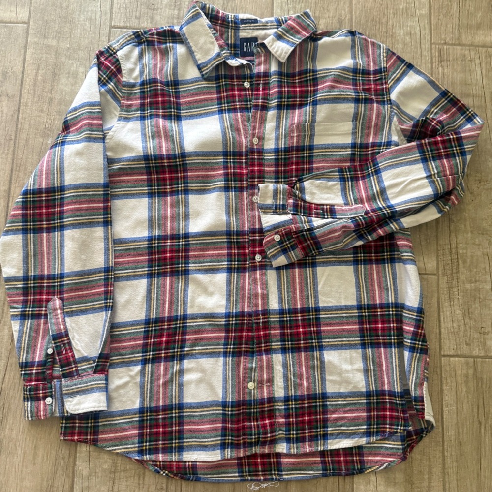 Gap Mens Flannel Button Down Shirt Plaid Everyday Fit White Red Blue XL